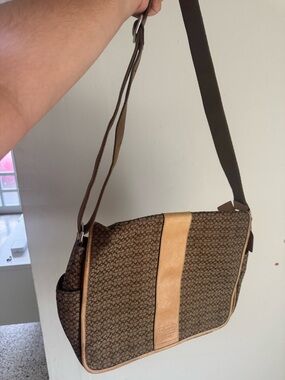 Coach Brown Signature Messenger Bag with Tan Leather Trim